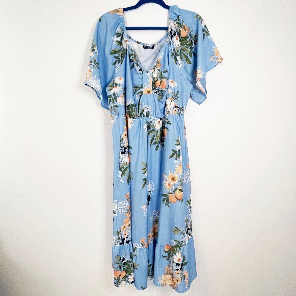 BloomChic Light Blue Floral Midi Dress with Peach Accents